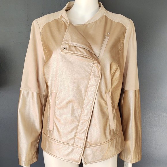 Metallic faux leather & faux suede moto jacket